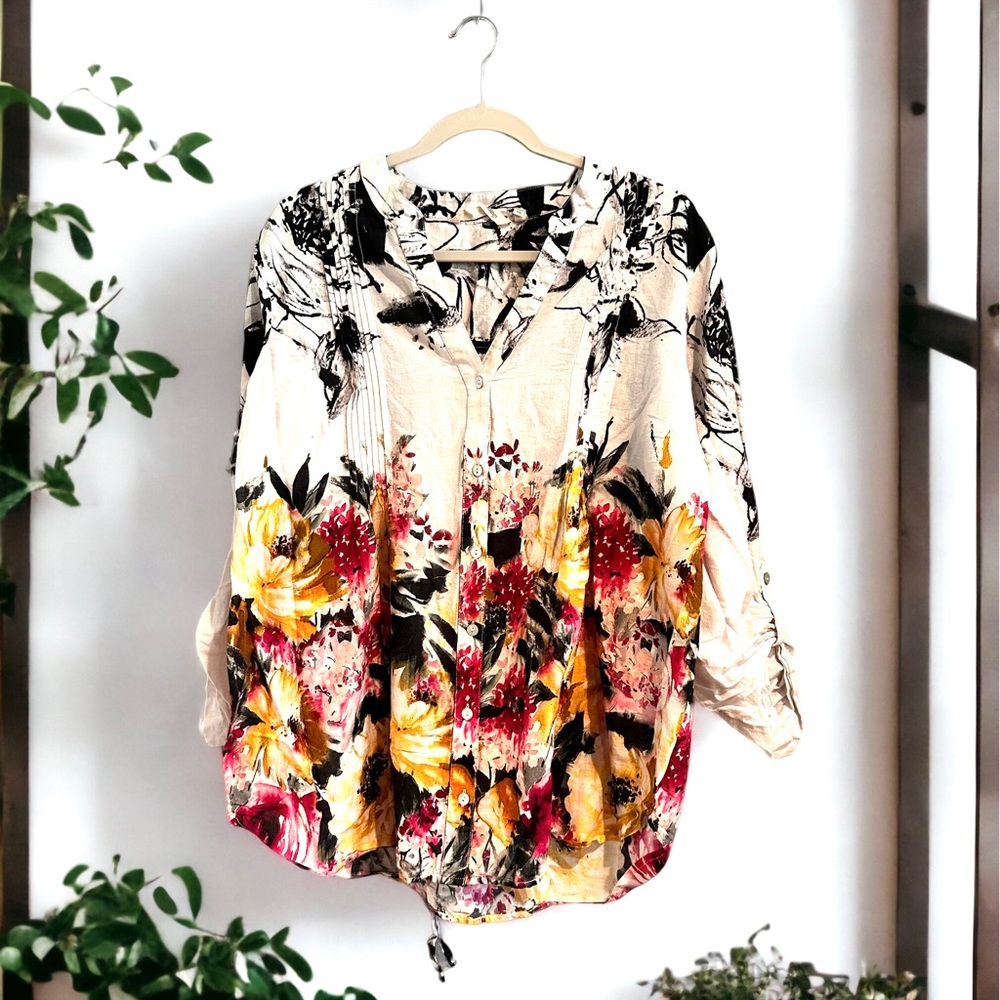 Soft surroundings white button up floral shirt.